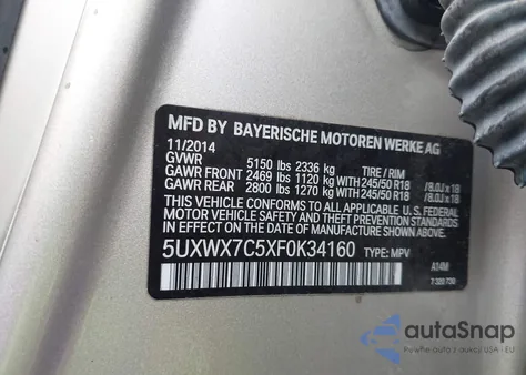 2015 BMW X3 xDrive35I из США, поврежденный, VIN 5UXWX7C5XF0K34160